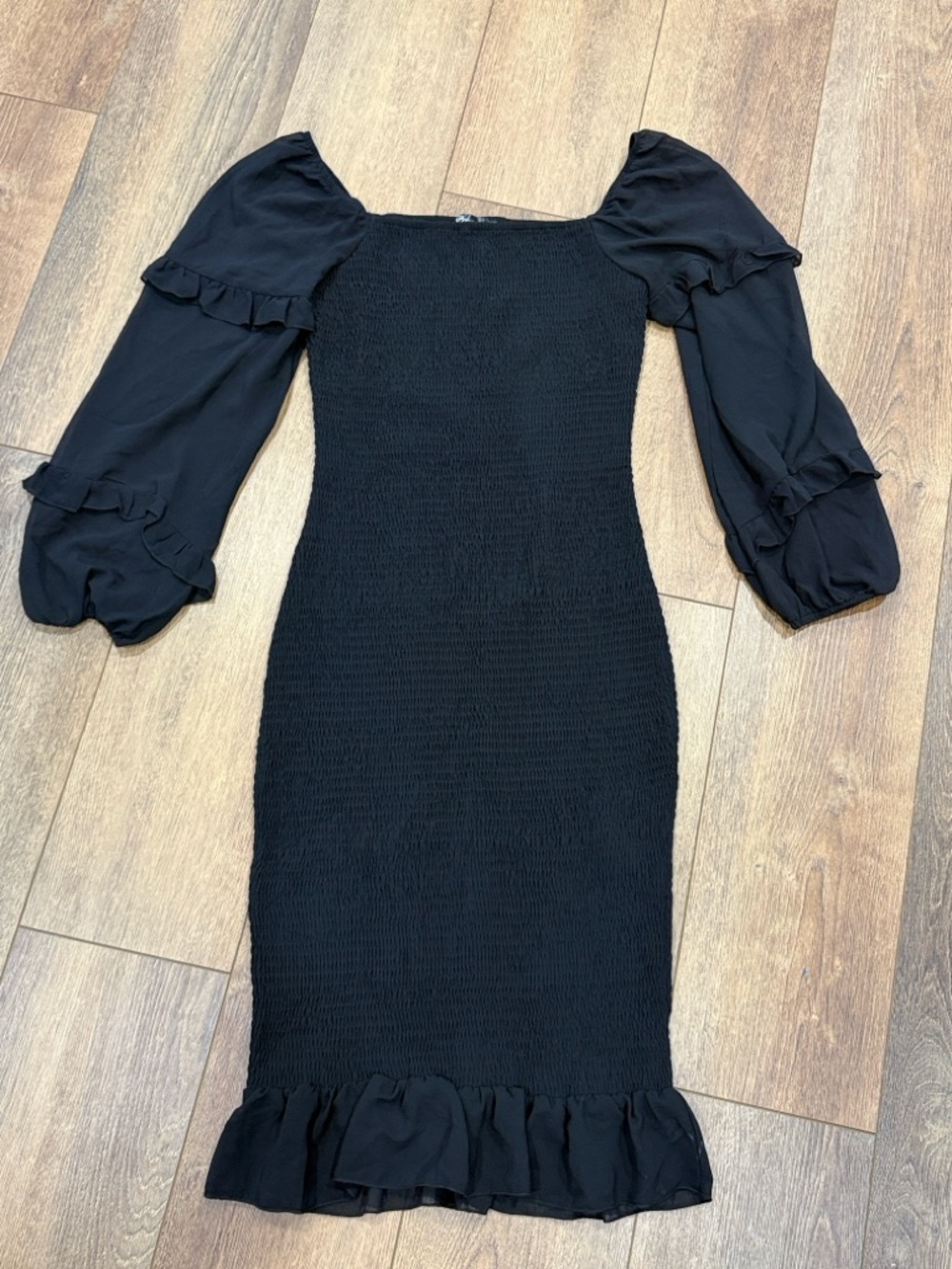 PRETTYGARDEN Black Smocked Midi Dress with Puff Sleeves